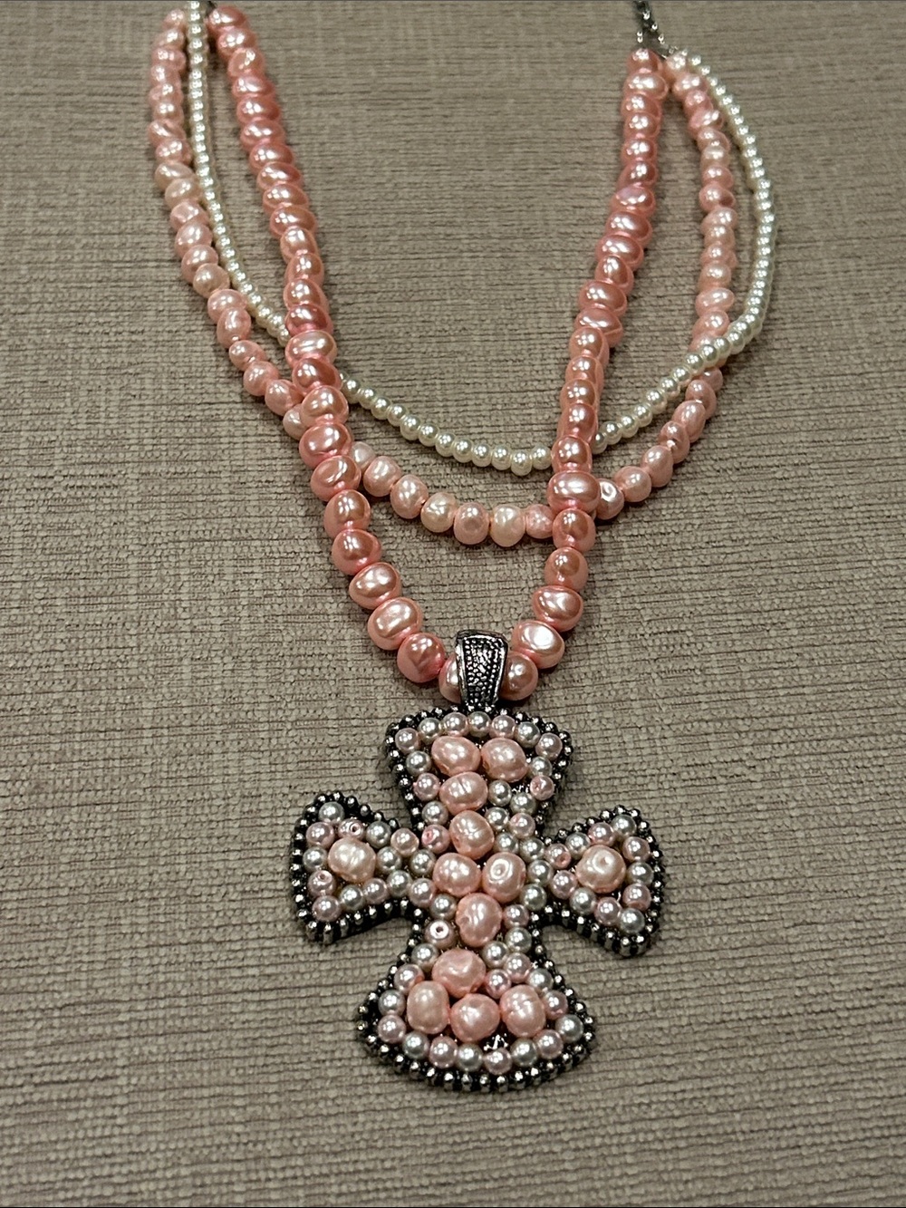 Pink faux Pearl Cross Pendant Necklace - Women Jewelry adjustable chain